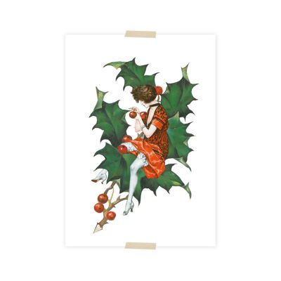 Collage de cartes postales de Noël petite dame appuyée contre une branche de Noël