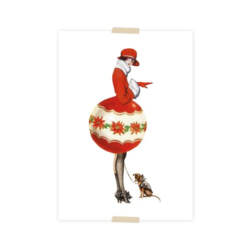 Christmas Postcard collage lady with Christmas ball dress