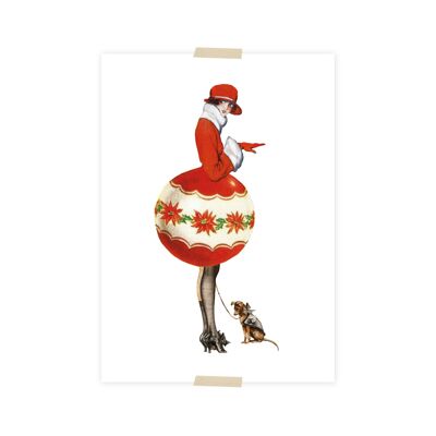 Postal navideña collage dama con vestido de bola navideña