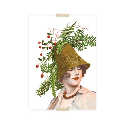 Collage de carte postale de Noël petite dame avec cloche de Noël sur la tête
