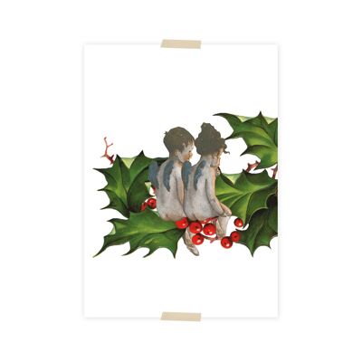 Weihnachtspostkartencollage Weihnachtsengel auf Zweig