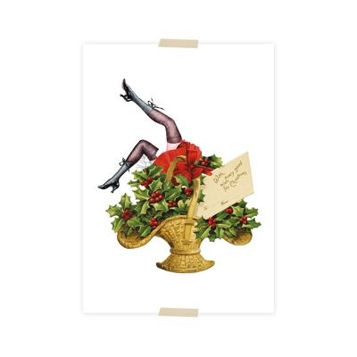Collage de cartes postales de Noël Panier de Noël avec jambes de dame