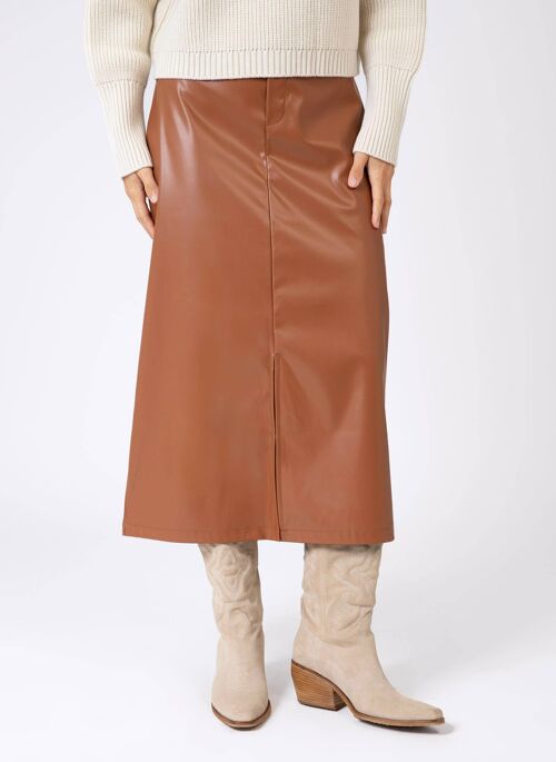 Jupe midi en simili cuir JULINA camel