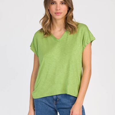 TETANIA Avocado-T-Shirt mit kurzen Ärmeln und Lurexkragen
