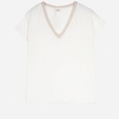 Camiseta TETANIA blanca de manga corta con cuello de lúrex