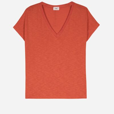 T-shirt TETANIA arancione a maniche corte con collo in lurex