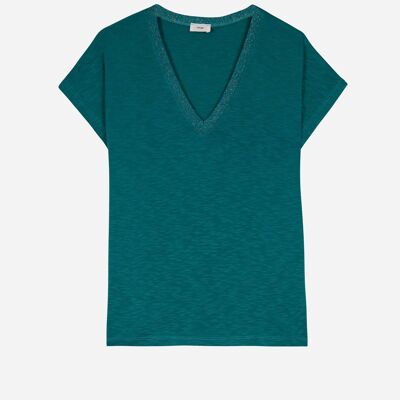 TETANIA turquoise short-sleeved lurex collar t-shirt