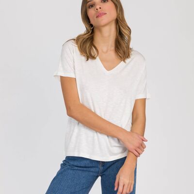 TIMNA white short-sleeved topstitched collar t-shirt