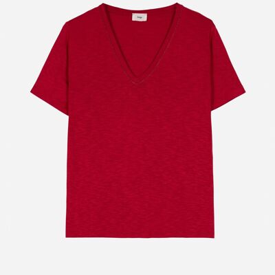 T-shirt TIMNA color ciliegia a maniche corte con colletto impunturato