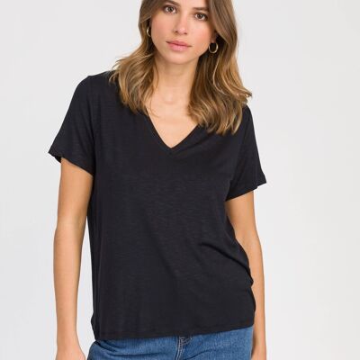 TIMNA Camiseta negra de manga corta con cuello pespunteado