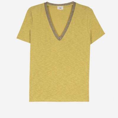 Plain V-neck T-shirt in lurex knit TEVIE anise