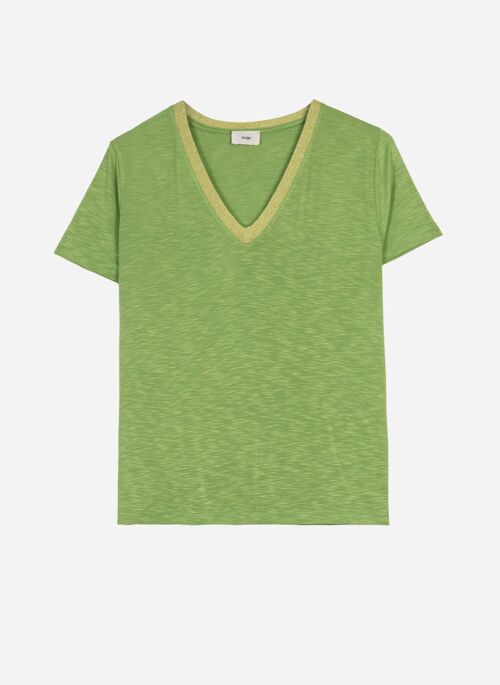 T-shirt uni à col V en maille lurex TEVIE avocado