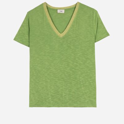 T-shirt uni à col V en maille lurex TEVIE avocado