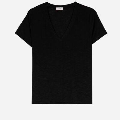 T-shirt tinta unita con scollo a V in maglia lurex TEVIE nera