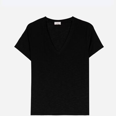 Camiseta lisa de punto de lúrex negra con cuello de pico TEVIE