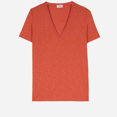 Camiseta lisa de punto lúrex naranja con cuello de pico TEVIE