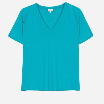 T-shirt uni à col V TEMAMA turquoise