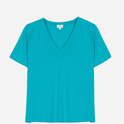 T-shirt uni à col V TEMAMA turquoise