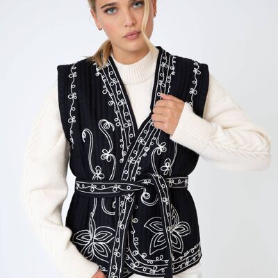 SOLY black embroidered and belted sleeveless jacket