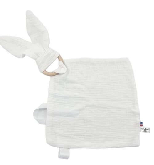 Doudou lange 2 en 1 lapin et anneau de dentition Blanc Made in France