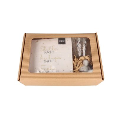 Christmas gift set with napkin, lantern and angel in a folding box with viewing window