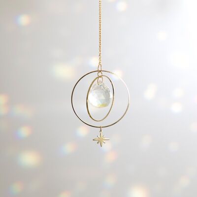 Suncatcher NORTH, Crystal and brass sun catcher, Minimalist and Bohemian decoration, Celestial and Magical hanging mobile