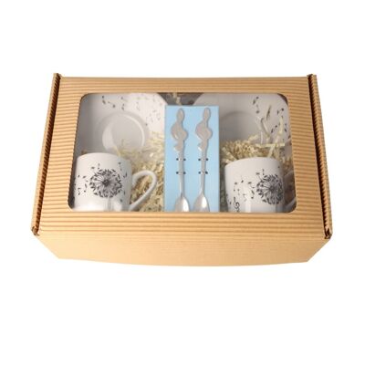 Coffret cadeau comprenant un service à expresso pissenlit et une cuillère à expresso dans une boîte pliante avec fenêtre de visualisation