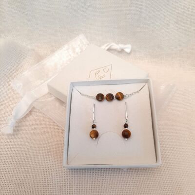 Coffret Boucles d'Oreilles et Bracelet en Argent 925 et Pierres Naturelles Œil de Tigre