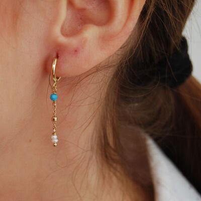 Turquoise-pearls earrings, dainty silver hoops, silver 925 earrings, gemstone earrings, minimalist earrings, sterling silver earrings.