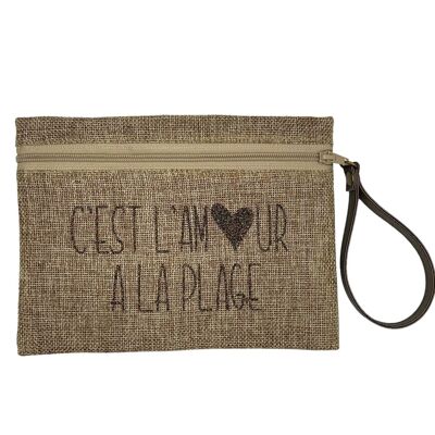 Pouch M, “It’s love at the beach” shimmering jute