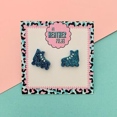 Blue Glitter Roller Blade Stud Earrings