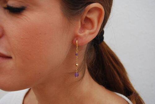 Amethyst earrings, dainty long earrings, gemstone earrings, silver 925 earrings, balls earrings, sterling silver earrings.