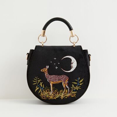 Deer & Moon bestickte Satteltasche aus schwarzem Samt
