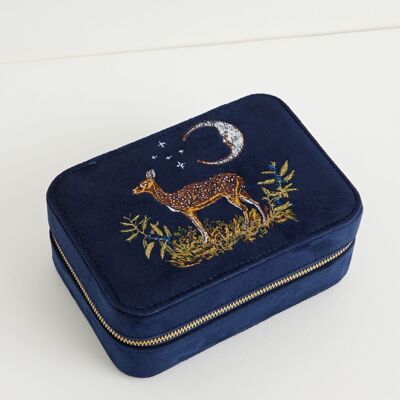 Deer & Moon Embroidered Large Jewellery Box Blueberry Velvet