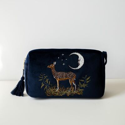 Pochette Brodée Deer & Moon Velours Bleuet