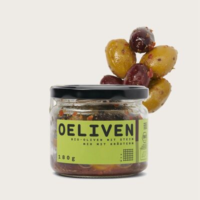 Bio Oliven mit Stein Mix mit Kräutern, 180 g
