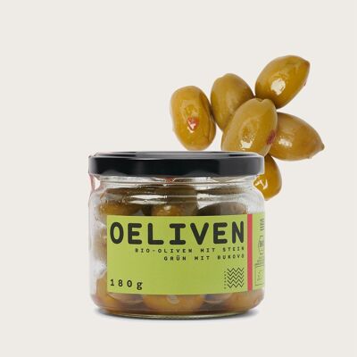 Olives bio avec noyau, vertes à Bukovo, 180 g