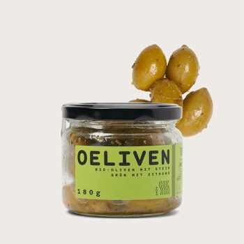 Olives bio dénoyautées, vertes au citron, 180 g