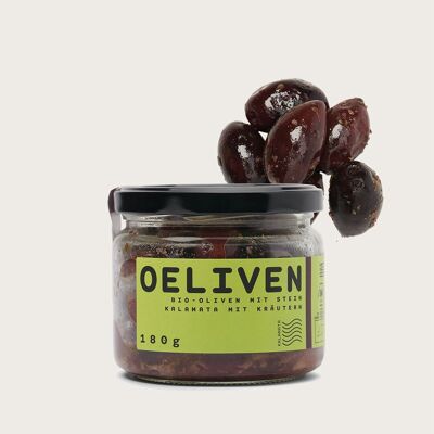 Olive biologiche con nocciolo, kalamata alle erbe, 180 g