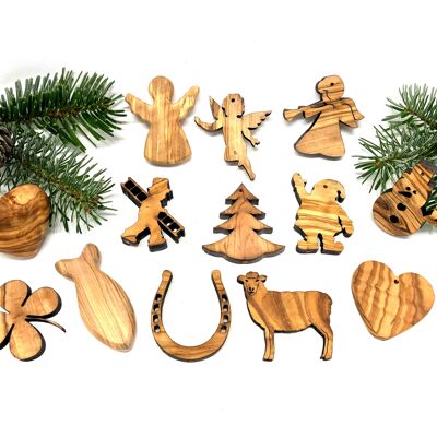 Christmas tree decorations with various motifs made of olive wood