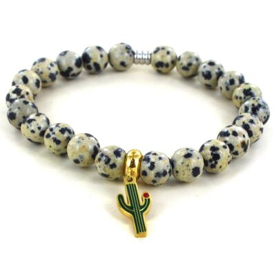 Bracelet en jaspe dalmatien et cactus en acier inoxydable