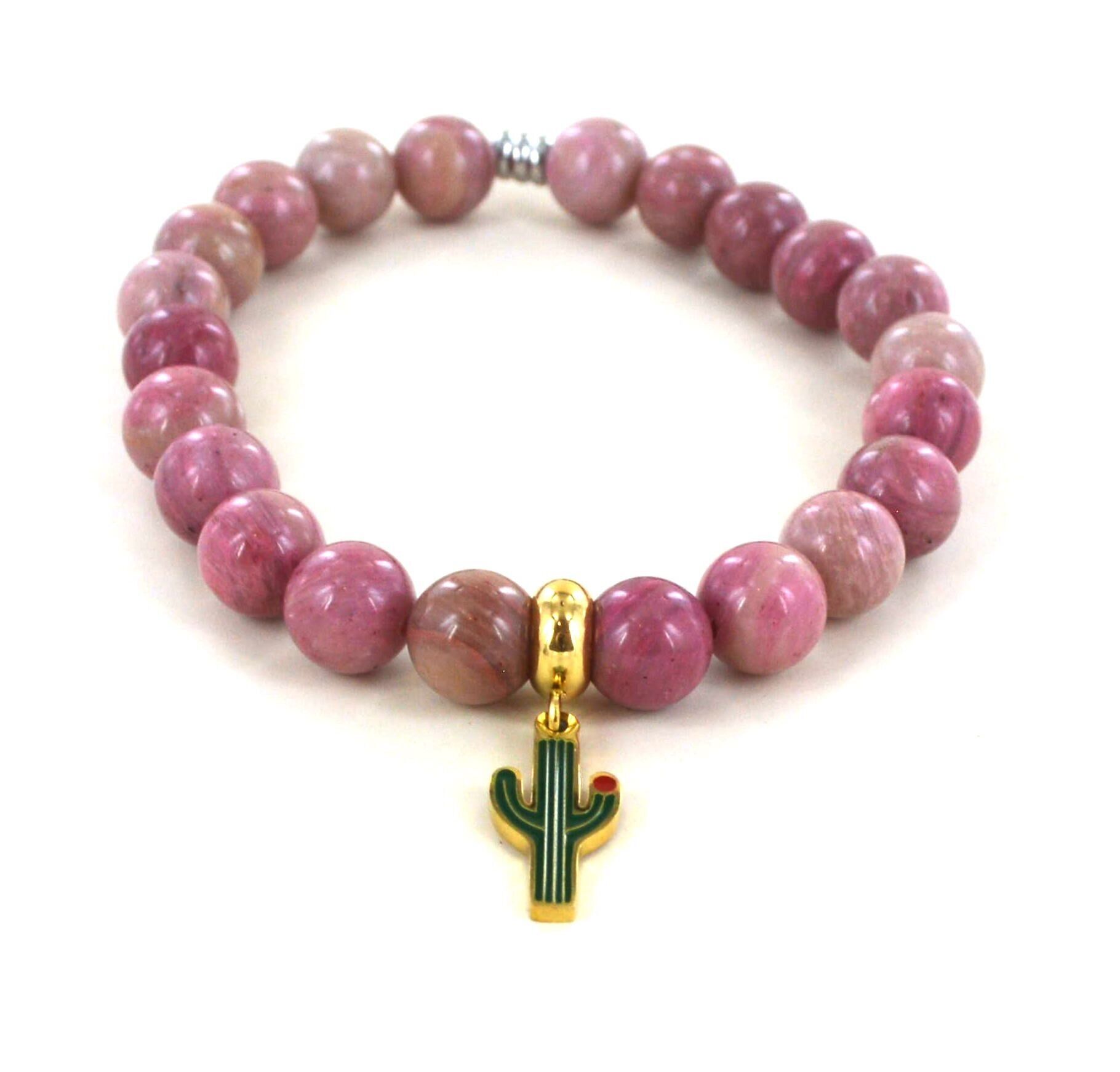 Rhodonite and cactus bracelet in stainless steel