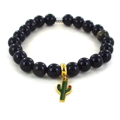 Bracelet obsidienne dorée et cactus en acier inoxydable