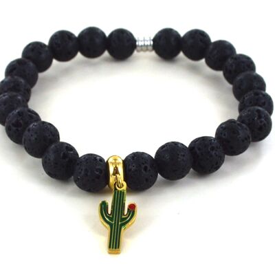 Bracelet pierre de lave et cactus en acier inoxydable