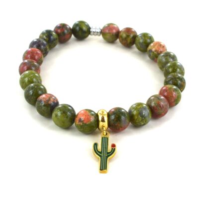 Bracelet Unakite et cactus en acier inoxydable