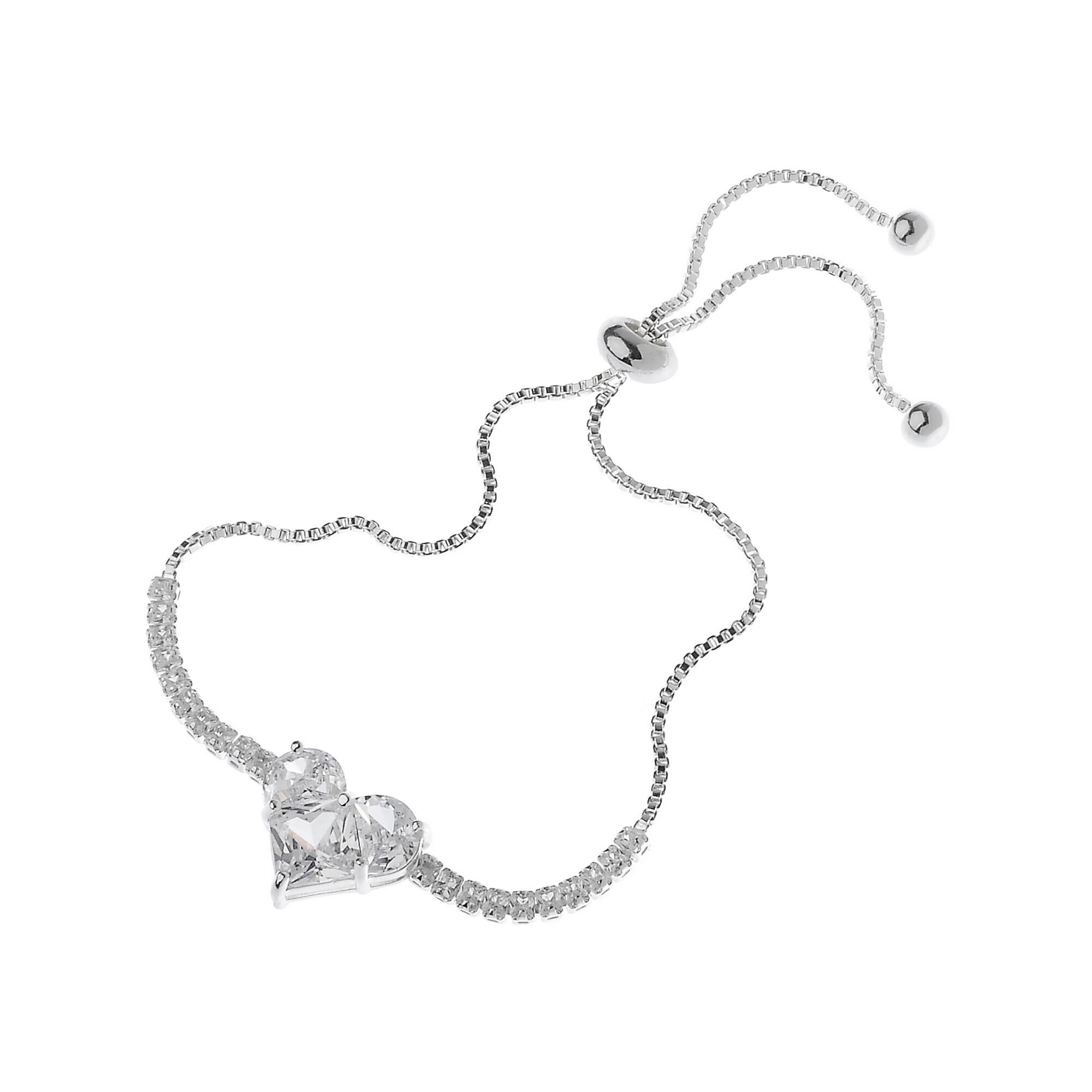 Braccialetto in argento con ciondolo a forma di lariat scolpito con cuore di zirconi cubici scintillanti