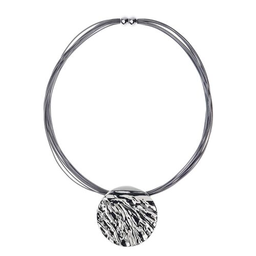 Luxe Fusion Radiance Grey Multi Leather Strands Magnetic Clasp Necklace With Large Silver Round Hammered Pendant