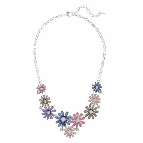 Silver Necklace with Multicolour Enamel Flowers and crystal stone