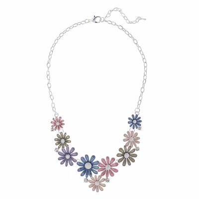 Silberne Halskette mit mehrfarbigen Emaille-Blumen und Kristallstein