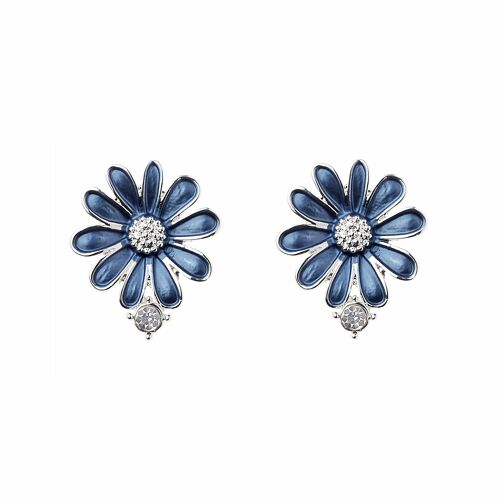 Silver Flower Post Earring with Blue Enamel and crystal stone